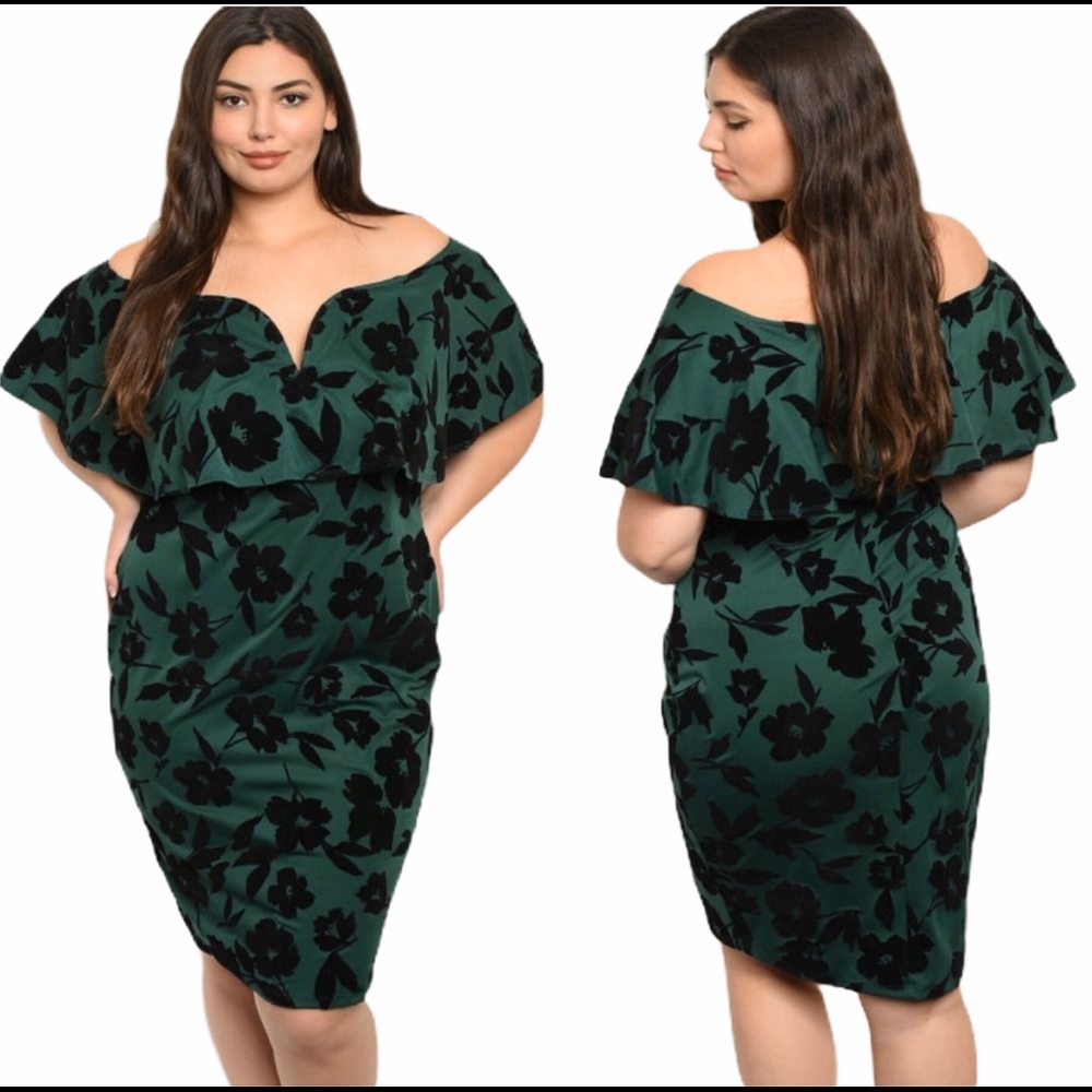 Plus Size Green Floral Off Shoulder Ruffle Dress